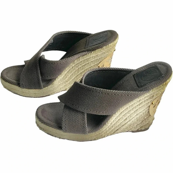 Tory Burch Other - Tory Burch Chocolate Brown Crossover Kristen Espadrille Wedges/Gold Emblem sz 7